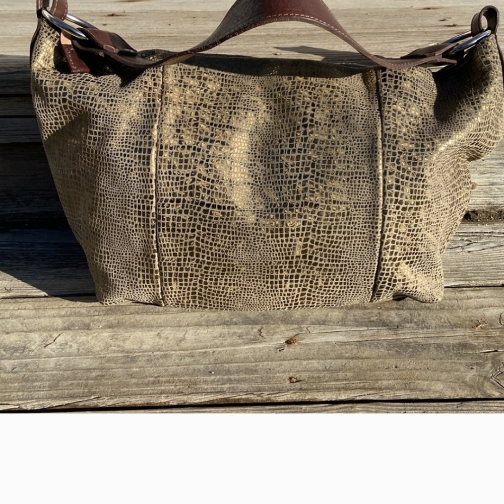 Vin Baker Purse Gold Print Fabric and Leather Hobo Bag